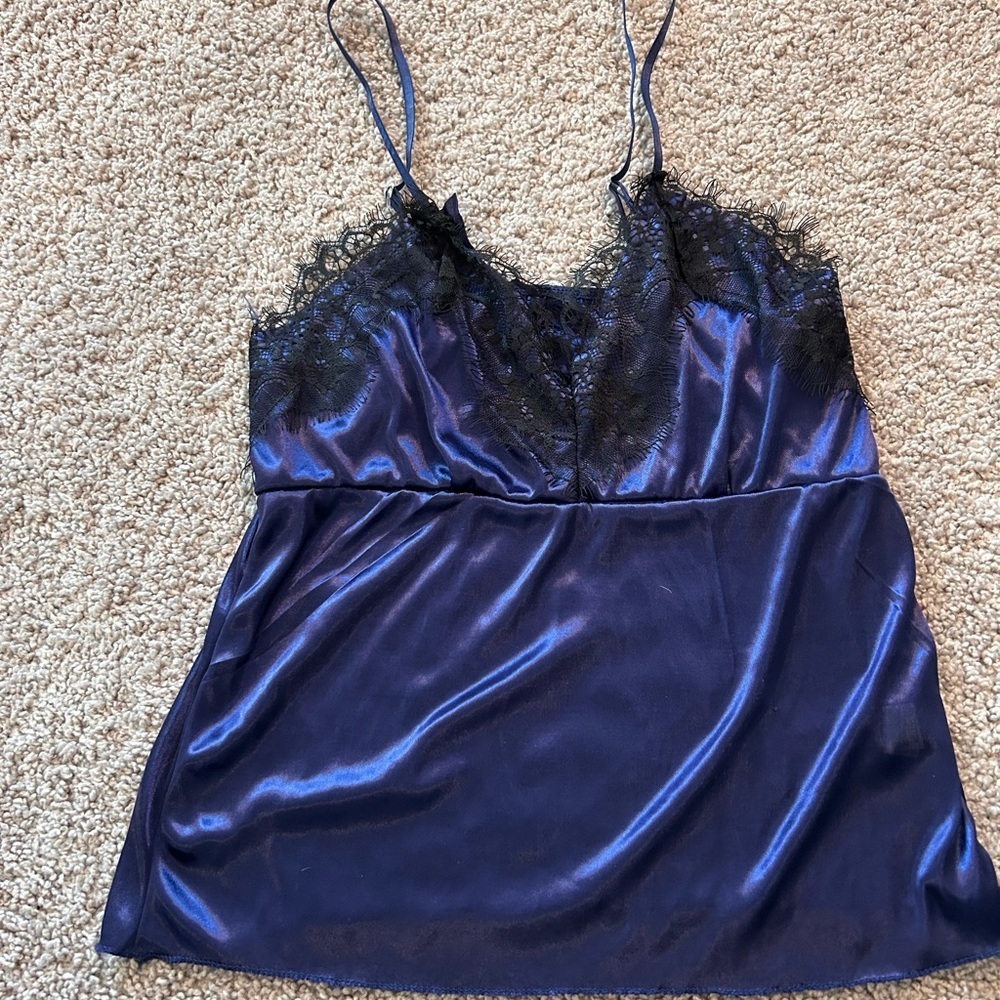 Midnight Blue Elegant Eye Lash Lace Trim Sleepwear Set Size S - Picture 2 of 8